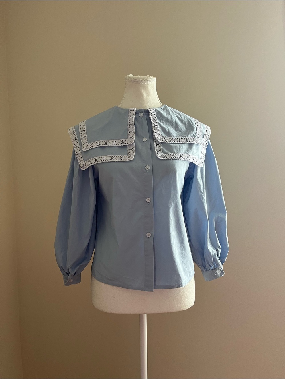 Plastic Island Pale Blue Button-Down Top with Lace-Trimmed Sailor Collar